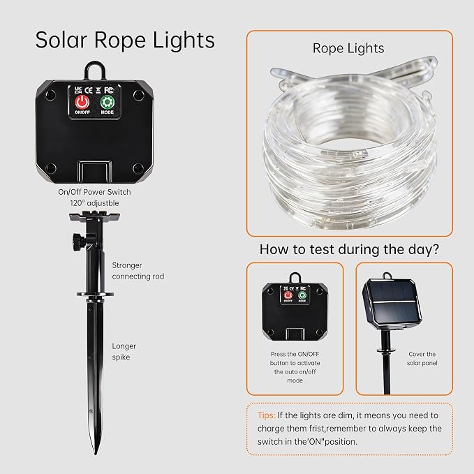 Solar Rope Lights for Outside, 2 Packs Total 66ft 200 LED Solar String Lights with 8 Modes, Waterproof Solar Outdoor Light for Patio Garden Party Tree Porch Pool Holiday Xmas Decor-White