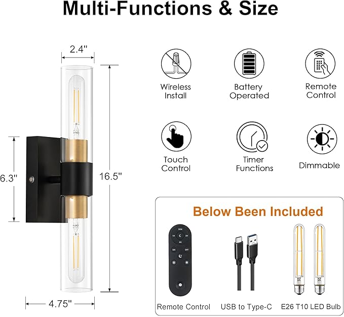 Battery Operated Wall Sconce Set of 2 with Remote Control, 12000mAh Rechargeable Wall Lights, Wireless Dimmable Wall Lamps for Bedroom Living Room Bathroom Hallway Entryway Stairwell, Black & Gold
