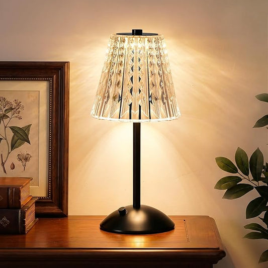 Nusogon Rechargeable Cordless Table Lamp, Touch Control Crystal Desk Lamp with 3500mAh Battery, 3 Color Dimmable LED Small Lamp for Bedroom Bedside Restaurant Kitchen Home Decor, Black
