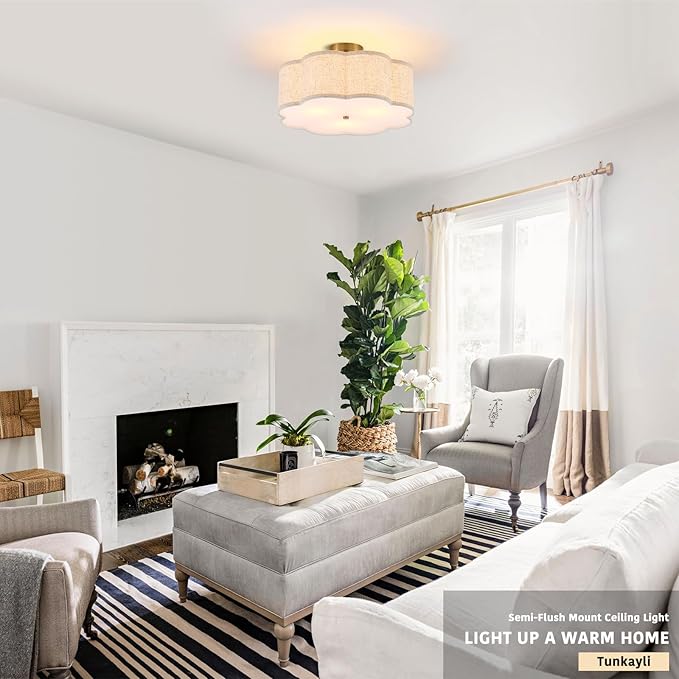 18" Semi Flush Mount Ceiling Light Modern 3-Lights Gold Drum Ceiling Light Fixture with Fabric Linen Shade, Vintage Ceiling Lighting for Living Room, Kitchen, Basement, Laundry Room, Bedroom