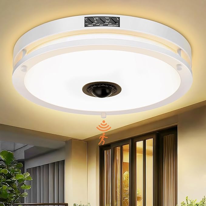 24W LED Motion Sensor Outdoor Ceiling Light, 12IN 2700K/3000K/3500K/4000K/5000K Adjustable Ceiling Lights, Dusk to Dawn Flush Mount LED Ceiling Light Fixture for Porch, Garage,