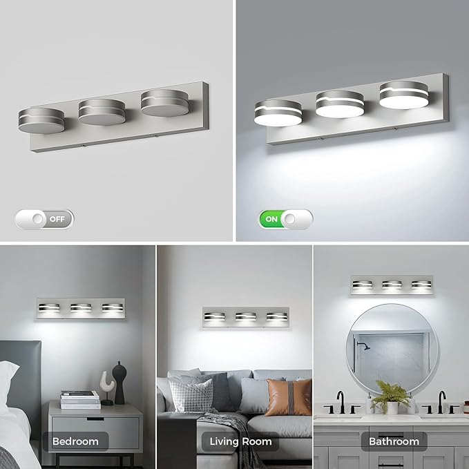 Vanity Lights for Bathroom, 18.9in Brushed Nickel Bathroom Light Fixtures Over Mirror, 3-Light Modern LED Wall Sconce Makeup Lighting, 350° Rotatable, Dimmable 6000K Cool White, Hardwired