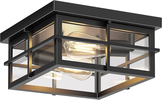 2-Light Black Flush Mount Ceiling Light, Farmhouse Kitchen Lighting Fixtures with Clear Glass, Outdoor Porch Lights Ceiling Mount, Square Hallway Light Fixtures for Bedroom Living Room Balcony