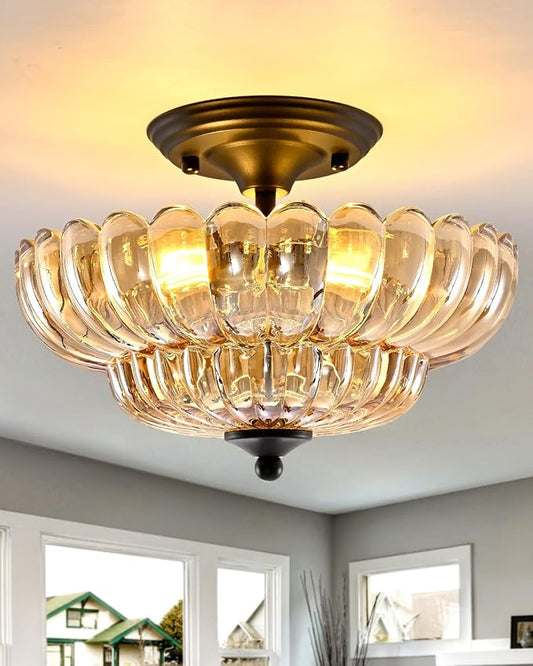 Black Semi Flush Mount Ceiling Light with Amber Glass Shades, 3-Light Modern Farmhouse Chandelier for Kitchen, Bathroom, Hallway, and Entryway