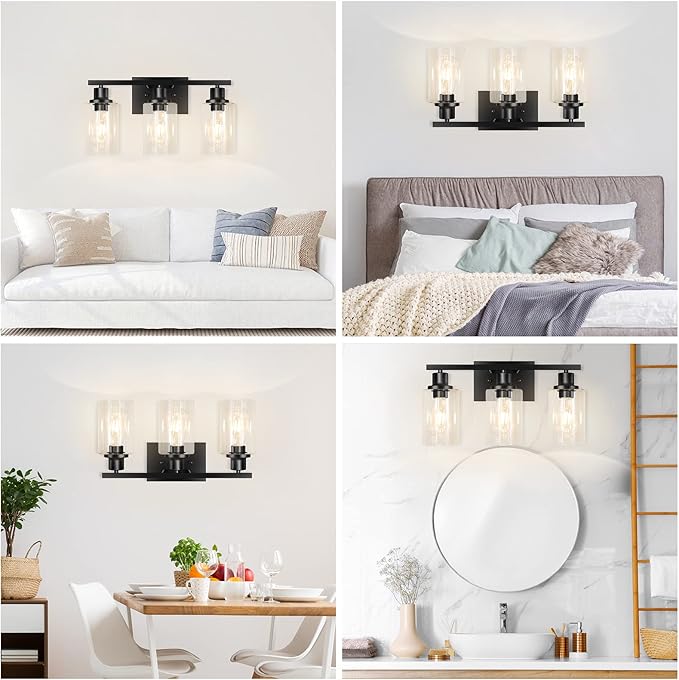 3-Light Vanity Light, Matte Black Bathroom Lighting Fixtures Over Mirror, Modern Metal Wall Lights for Hallway Kitchen Bedroom Living Room
