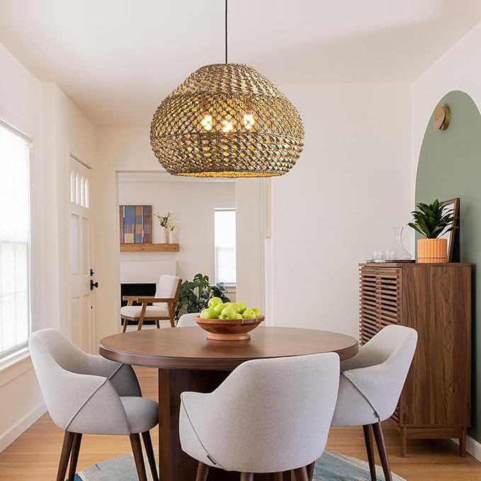 19.29” Large Rattan Pendant Light,3-Light Wicker Chandelier Light Fixture,Boho Kitchen Island Hanging Seagrass Rustic Lighting for Dining Room, Farmhouse,Foyer
