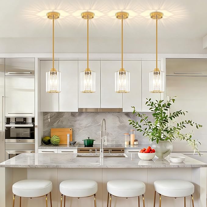 3-Pack Brushed Gold Pendant Lights Kitchen Island Modern Crystal Hanging Pendant Light Hexagonal Mini Chandelier Adjustable Hanging Kitchen Lights for Dining Room Hallway Bedroom Entryway Pendant Lamp