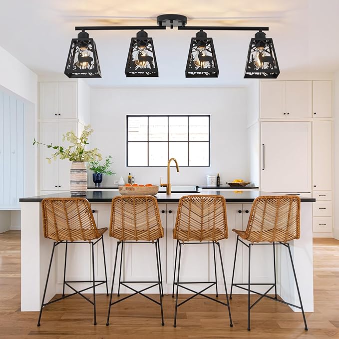 Rustic Flush Mount Ceiling Light - 4-Light Metal Fixture with Deer Design, Farmhouse Ceiling Lamp for Kitchen, Living Room, Bedroom, Dining Room, Entryway, Hallway (Bulbs not Included)