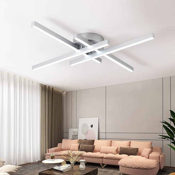 Updated Modern Ceiling Light ,Preminum Close to Ceiling Light fixtures,Modern Light Fixtures Ceiling Dimmable for Dining Room Kitchen Bedroom Living Room 40W 6000K Cool Light (Silver)
