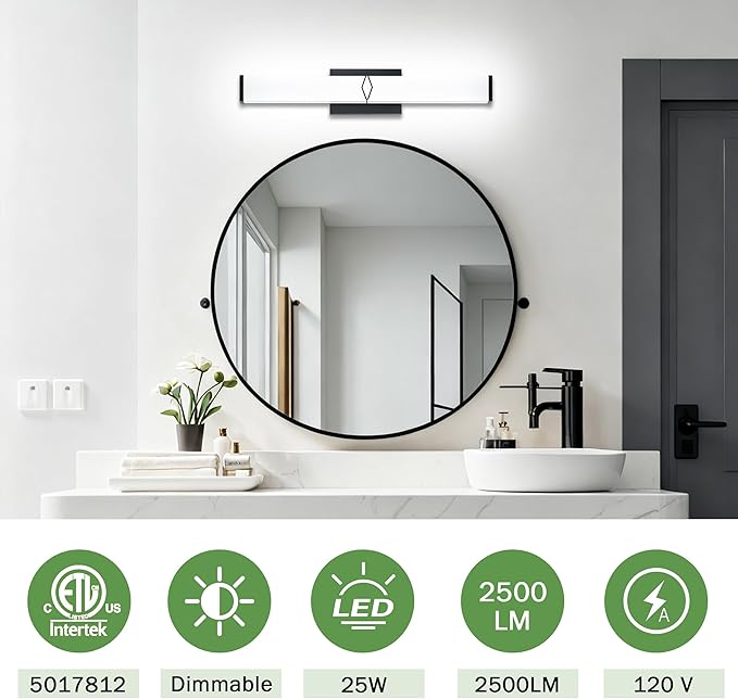 24 Inch Bathroom Vanity Light 2500LM, 5700K Daylight White Modern Bathroom Light Dimmable, AC 120V 25W Matte Black LED Vanity Lighting Fixtures Wall Sconce ETL Certified, 1Pack