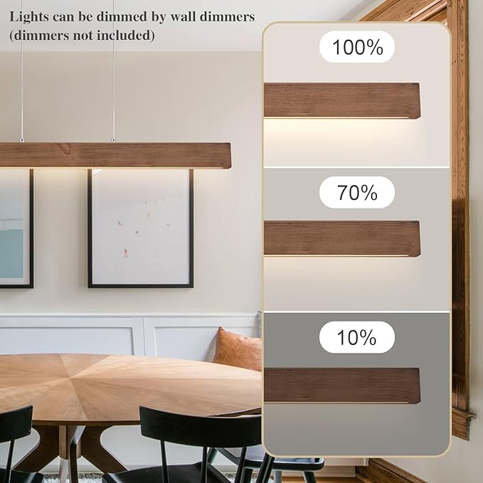 EDISLIVE Wood Linear LED Pendant Light Dimmable LED Chandelier 41.3 in Adjustable Linear Hanging Light Fixture 3000K 20W Island Light for Dinning Room Kitchen