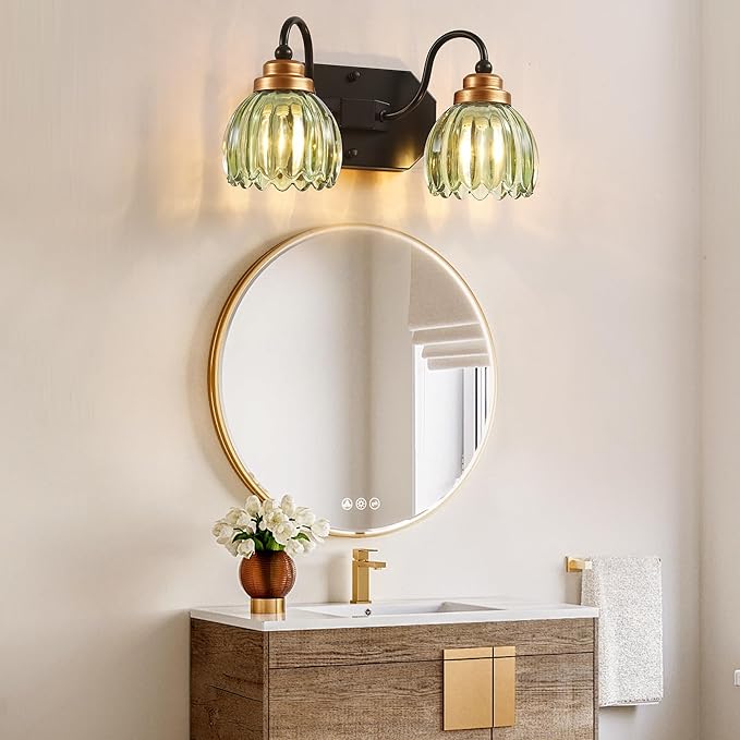 Vintage Bathroom Vanity Light, 2 Light Bathroom Lighting Fixtures Over Mirror, Mid Century Style Farmhouse Light Fixtures with Green Glass Shades, Black Finish Wall Mount for Bedroom , Living Room