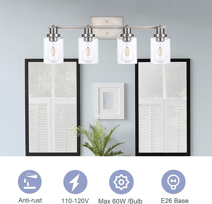 4 Light Track Lighting Fixtures Ceiling Kitchen Track Lighting Kit Brushed Nickel Bathroom Tracking Vanity Lights with Clear Glass Shade, Rotatable Spotlight for Accent Task Wall Art Hallway