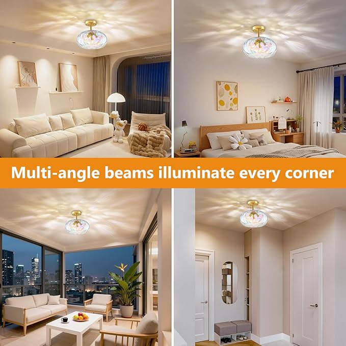 14'' Semi Flush Mount Ceiling Light, 3-Light Iridescent Glass Shade, Brass Indoor Vintage Ceiling Light Fixture for Entryway, Bedroom, Kitchen, Living Room, Hallway, Farmhouse Bulbs Not Included