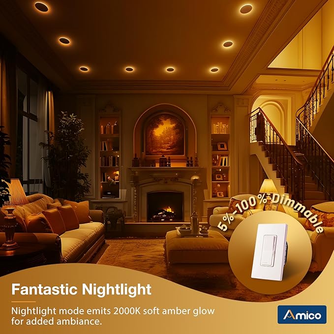 Amico 24 Pack 4 Inch 5CCT LED Recessed Ceiling Light with Night Light, 2700K/3000K/3500K/4000K/5000K Selectable Ultra-Thin Recessed Lighting, 10W=90W, 700LM, Dimmable Canless Wafer Downlight ETL&FCC