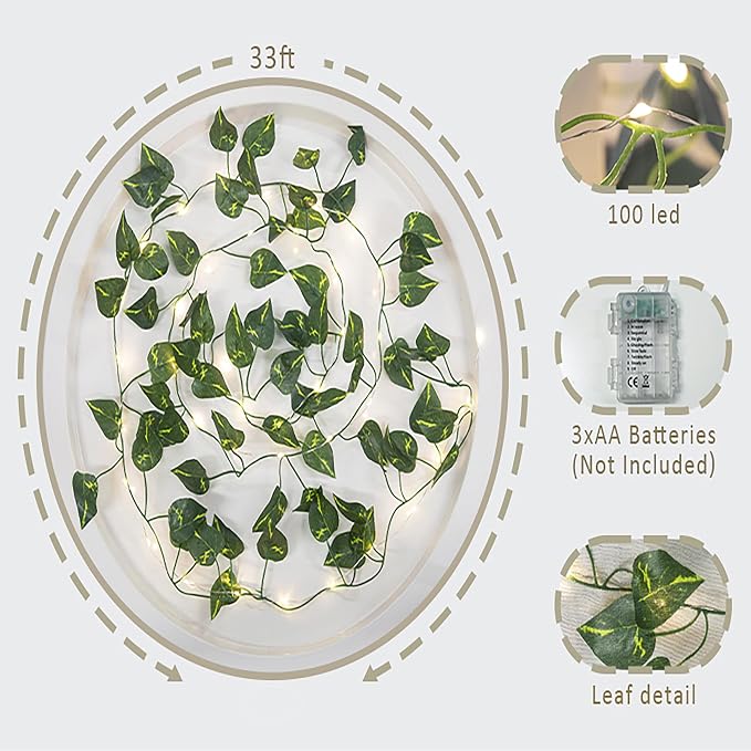 Vine with Fairy Lights, 33ft 100 LEDs Vine Lights Pothos Battery Operated Indoor String Lights, Artifical Garland Leaf Fairy Light Wall Wedding Garden Dorm Bedroom Decor