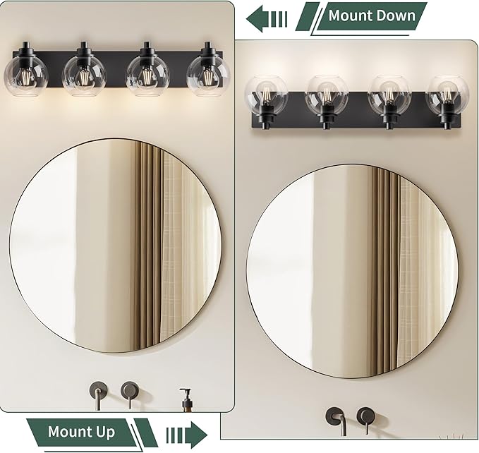 Espird Bathroom Light Fixtures-Matte Black Vanity Lights for Bathroom, Modern Black Vanity Lights 4-Light Bathrooms Lighting Fixtures Over Mirror with Clear Glass Shade