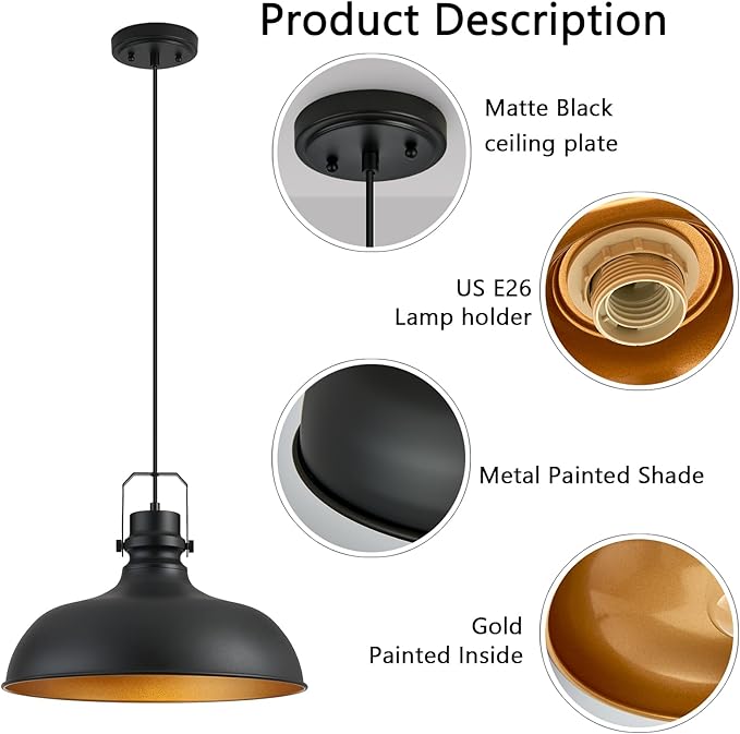 Black Farmhouse Pendant Lights 16 Inch Matte Pendant Lighting for Kitchen Island Industrial Adjustable Height Vintage Dome Hanging Light Fixtures for Barn, Dining Room 2 Packs