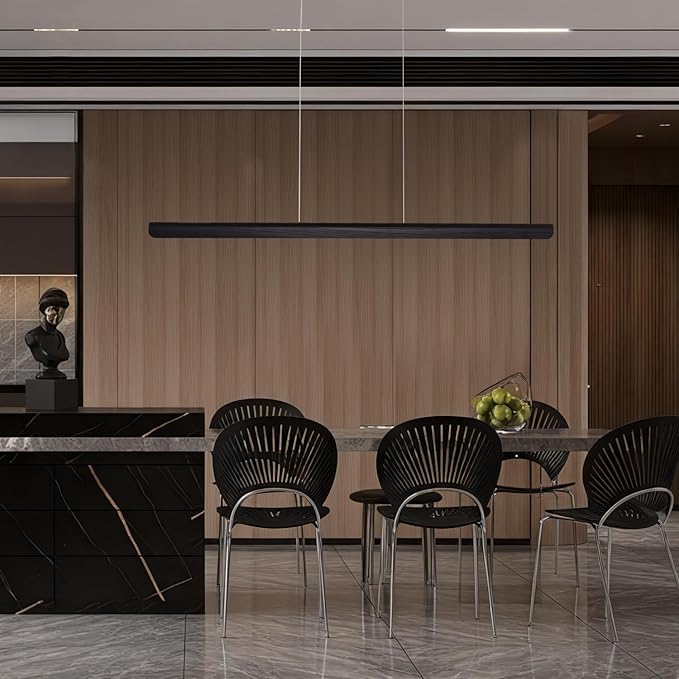 YISDESIGN 55inch Wood LED Linear Pendant Light, Dimmable Wood Ceiling Lamp,Minimalist Linear Chandelier, 40W Warm Light 3000K, Modern Kitchen Island Dining Room Lighting Black Adjustable Height