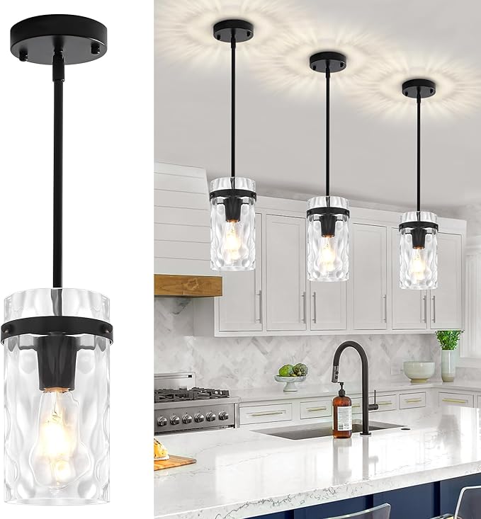 Modern Black Pendant Lights Kitchen Island, Hammered Glass Kitchen Pendant Lighting Over Island Adjustable Hanging Hallway Light Fixtures Mini Chandelier for Dining Room Bathroom Entryway