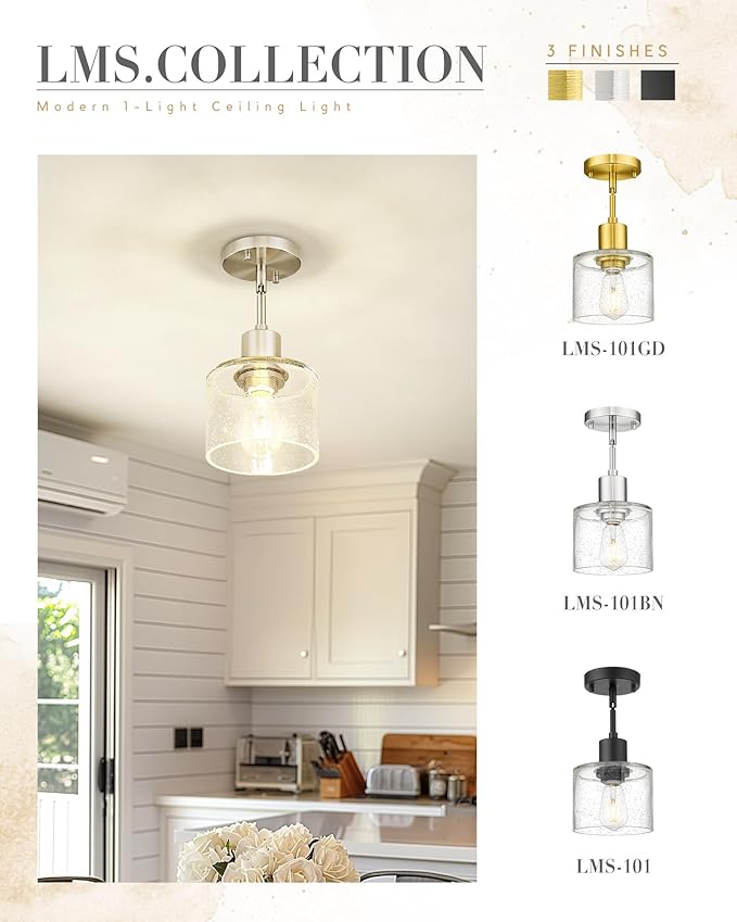 LMS Industrial Semi Flush Mount Ceiling Light, Brushed Nickel 1-Light Close to Ceiling Light with Seeded Glass Shade, Modern Ceiling Lmap for Hallway Corridor Kitchen, LMS-101BN