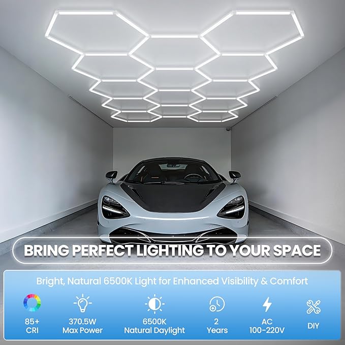 Hexagon Garage Light 370W 44460LM 6500K Ultra Bright LED Shop Lights with 14 Pack for Car Detailing, Warehouse, Workshop, Basement, Gym Lighting