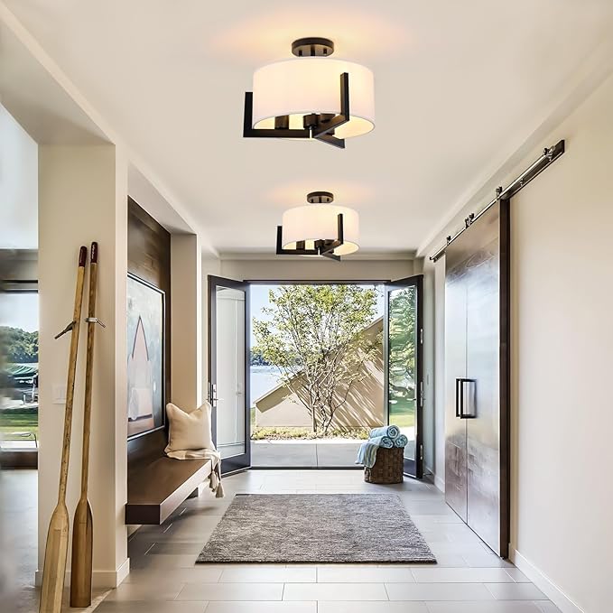 14 inch Black Semi Flush Mount Ceiling Light, 3-Light Modern Lighting Fixtures Ceiling Mount with White Drum Fabric Shade for Bedroom Entryway Hallway