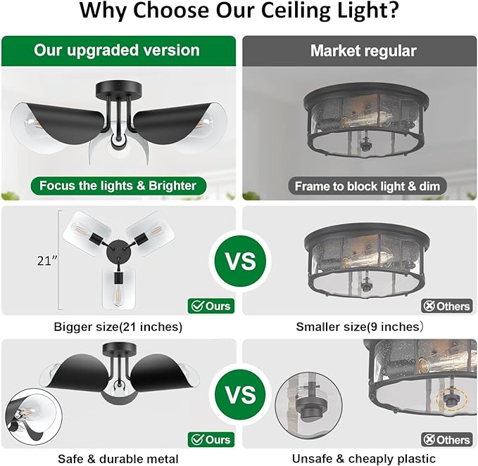 Aipsun Black Semi Flush Mount Ceiling Light, 3 Lights Modern Retro Ceiling Lighting with Black Adjustable Shades for Hallway, Dining Room and Bedroom