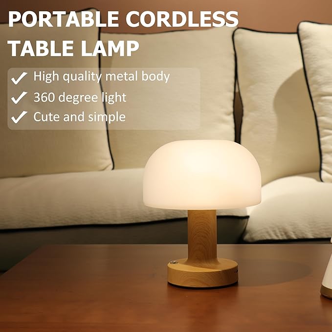 HAPYGI Small Mushroom Table Lamp, Cordless Night Light with 2600mAh Rechargeable Battery, Stepless Dimming Desk Lamp with 3 Colors for Bedroom/Patio/Living Room (Black-1)
