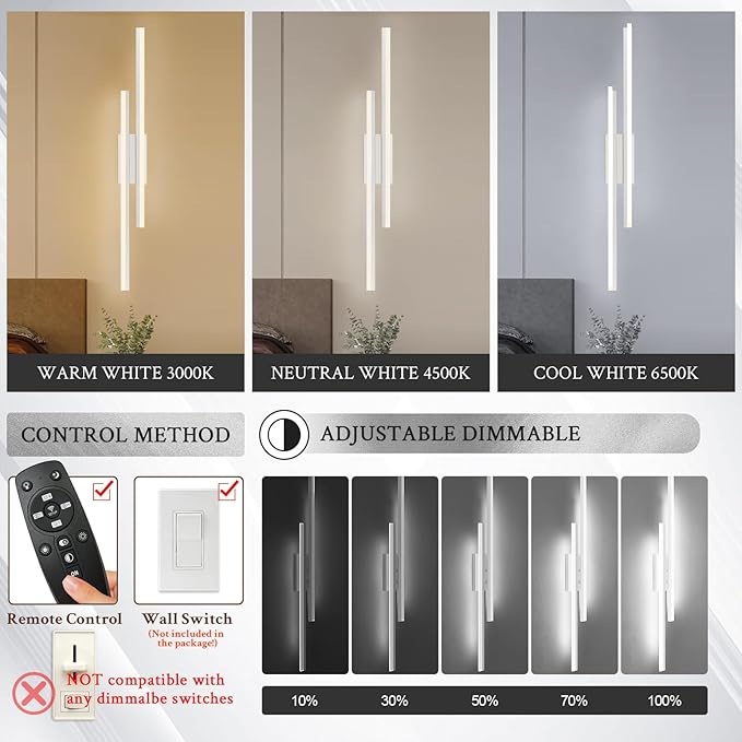 LED Wall Sconce Silver Modern Remote Wall Light Fixtures for Living Room, Dimmable LED Vanity Light Indoor Remote Wall Sconce for Bedside Bedroom Bathroom Dining Room, 39.4inch 1 Pack