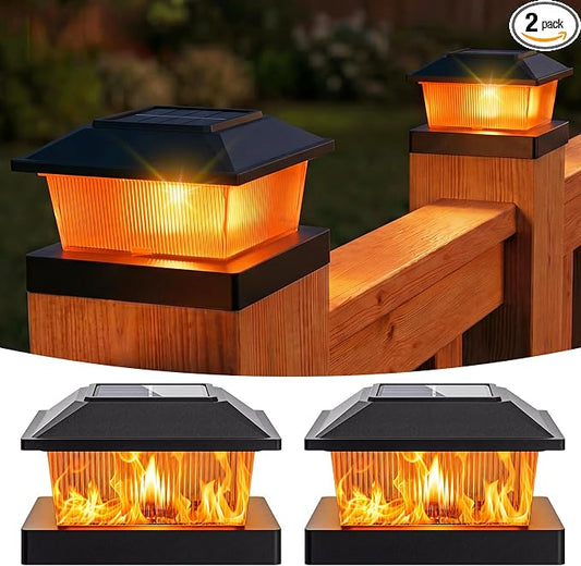 btfarm 4x4 Solar Flame Post Cap Lights Outdoor, 2 Pack Flickering Flame Deck Fence Post Lights, Waterproof Solar Powered Lighting Outside Fit 4x4 3.5x3.5 Wooden/Vinyl for Porch Patio Garden, Black Cap