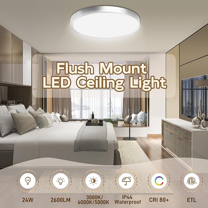 Hlite Dimmable 4pack 12 inch Flush Mount LED Ceiling Light Fixture,24W 2600LM Super Slim 3000K/4000K/5000K 3CCT Selectable,Dimmable Flush Mount Ceiling Light for Kitchen,Bedroom (Brushed Nickel)