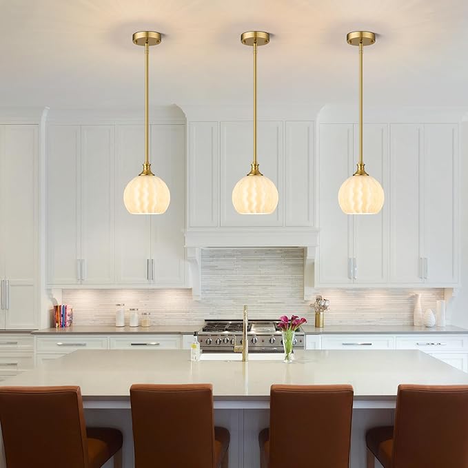 Milk Glass Pendant Lights Kitchen Island 2 Pack, 7.3" Brushed Gold Modern Pendant Light Fixtures with Rods, Globe Hanging Lighting for Kitchen Sink Bathroom Dining Room, LTMM07-2PBG