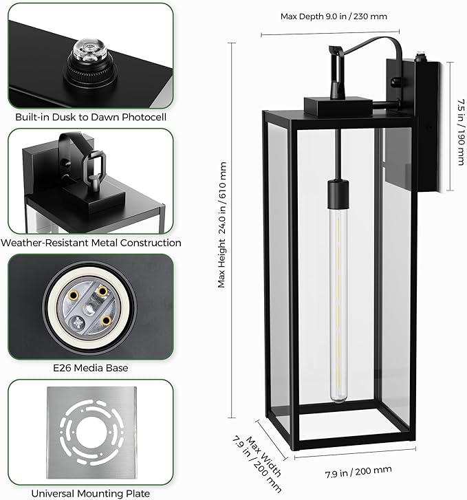 DORESshop 24 Inch Large Size Dusk to Dawn Outdoor Wall Lights, Matte Black Waterproof Anti-Rust Outdoor Light Fixtures Wall Mount with Clear Glass Shade for Porch, with T30 Light Bulbs, 2 Pack