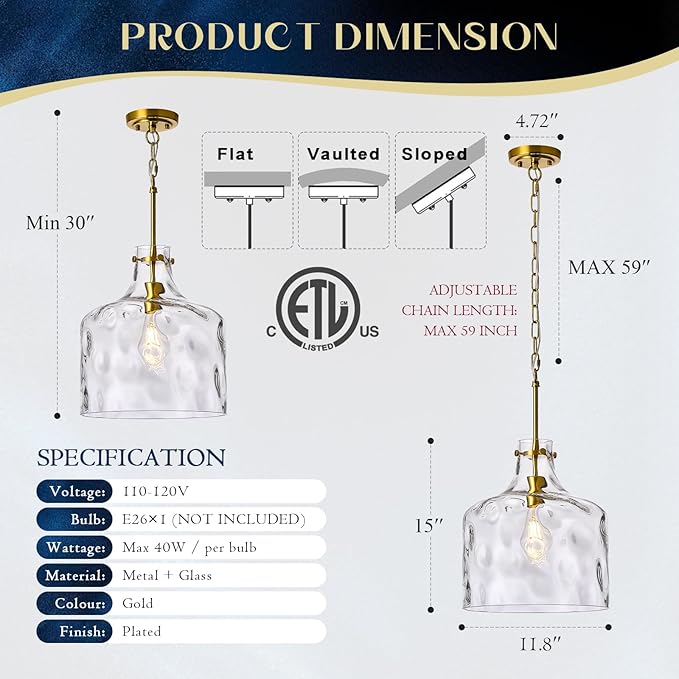 12" Farmhouse Pendant Light, Hand-Blown Clear Hammered Glass Hanging Light Fixture with Brass Gold Finish, Adjustable Chain Ceiling Light for Kitchen Island, Dining Room, Hallway, E26 Socket