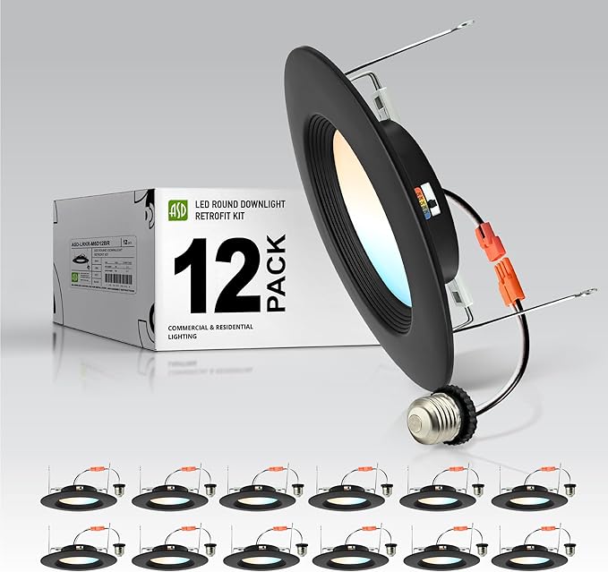 ASD 12 Pack Black Retrofit LED Recessed Lighting 6 Inch - 12W 2700K-5000K 1078LM Can Lights for Ceiling 6 Inch, Dimmable Black Recessed Lights, Baffle Trim Wet Rated Wafer Lights, ETL Energy Star