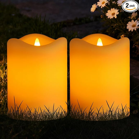 Solar Candles Outdoor Waterproof 2 Pack, 3"x4" Flickering Flameless Solar Pillar Candle Lights, Dusk to Dawn Warm Amber Solar Candles for Lanterns, Garden, Patio, Porch, Backyard Decor, Memorial Gifts