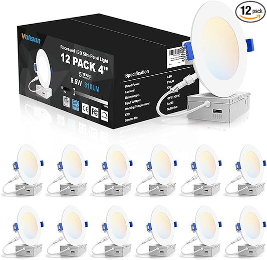 VOLISUN 12 Pack 4 inch Recessed Lighting, 5CCT LED Recessed Light with Junction Box, 2700K-5000K Selectable, 9.5W Eqv 80W, 810LM Dimmable Canless Wafer Downlight, LED Ceiling Light ETL Certificated