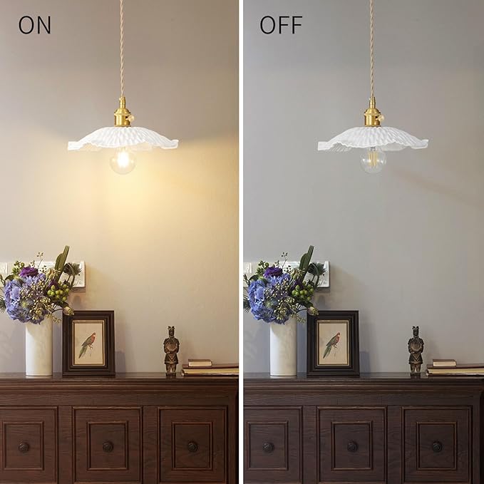Pendant Lights Kitchen Island with Scalloped Ceramic Lampshade, Brushed Brass Pendant Light Fixture, Vintage White Hanging Light for Living Room Bedroom Dining Room Over Table