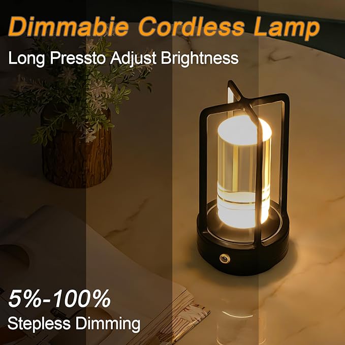 Rechargeable Table Lamp Cordless, 3 Color | Crystal | Stepless Dimming, for Dining Room, Living Room, Bar, Cafe, Restaurant, Patio, Camping, (Black)