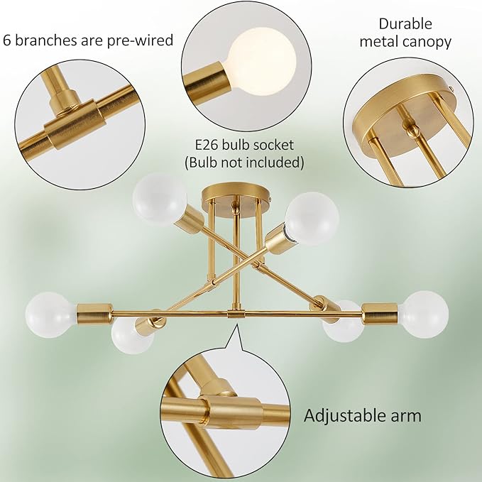 Semi Flush Mount Ceiling Light Fixture, 6 Lights Modern Sputnik Chandelier Ceiling Lamp with E26 Bulb Base, Light Fixtures Ceiling Mount for Bedroom Kitchen Living Room Hallway (Gold)