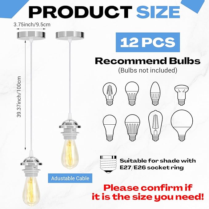12 Pack Industrial Mini Pendant Light Kit Bulk, UL E26/E27 Lamp Socket 3.28 ft Adjustable Hanging Light Cord Kit Edison Vintage Retro Ceiling Lamp Fixture for Kitchen Bar Decor(Sliver)