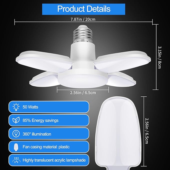 2Pack LED Garage Light Bulb,Mini 50W LED Garage Ceiling Lights 4 Adjustable Panels,5000Lumen Garage LED Light Bulb,E26 6500K Daylight LED Shop Lights for Garage,Kitchen,Indoor,Living Room,Attic Light