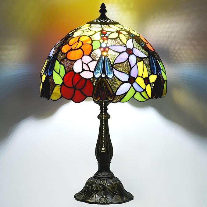 Tiffany Style Stained Glass Table Lamp, Floral Flower Desk Light with Antique Bronze Resin Base, Colorful Decorative Lighting for Bedroom, Living Room, Office 12X12X19 Inch (Flower Floral)
