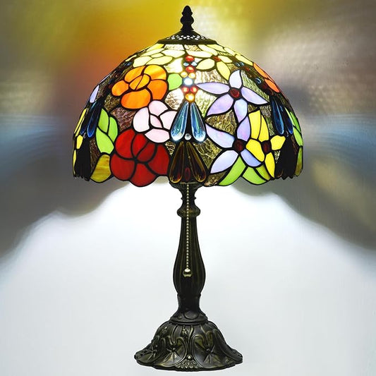 Tiffany Style Stained Glass Table Lamp, Floral Flower Desk Light with Antique Bronze Resin Base, Colorful Decorative Lighting for Bedroom, Living Room, Office 12X12X19 Inch (Flower Floral)