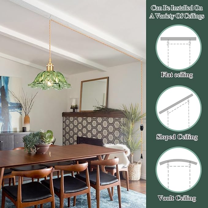 Plug in Pendant Light Fixtures,Hanging Light Fixture Corded On/Off Switch,10.6in E26 Green Glass Lampshade Pendant Lighting for Kitchen Island, Bedroom, Dining Room 2pack