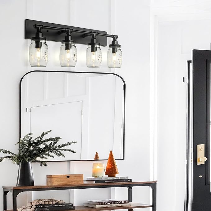 Bathroom Wall Light Fixtures, Industrial Mason Jar Vanity Light, Wall Sconce with Black Finish(4 Light)