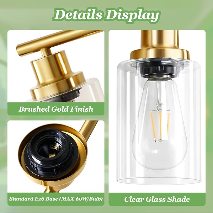 6-Light E26 Gold Bathroom Vanity Lights, Modern Bathroom Light Fixtures with Clear Glass Shade, Wall Lamps for Mirror Hallway Kitchen Cabinet Living Room Sconces Lights