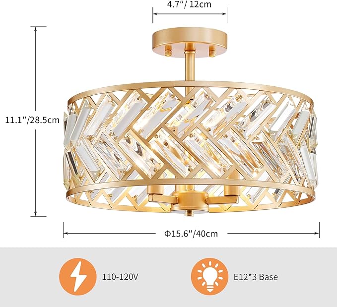 AGV LIGHTING CL052G K9 Crystal Ceiling Light, Flushmount Ceiling Light Fixture for Living Room, Close to Ceiling Modern Design, 3-Lights, D15 x H11 in, Clear Crystal & Gold Finish Frame