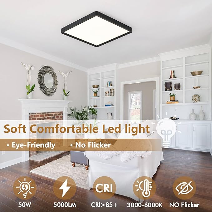 2PK 16 Inch Square LED Flush Mount Ceiling Light, 40W, 4000LM 3000K/4000K/6000K CCT Selectable, Black Square LED Flat Panel Ceiling Light Fixture for Bedroom,Kitchen,Living Room